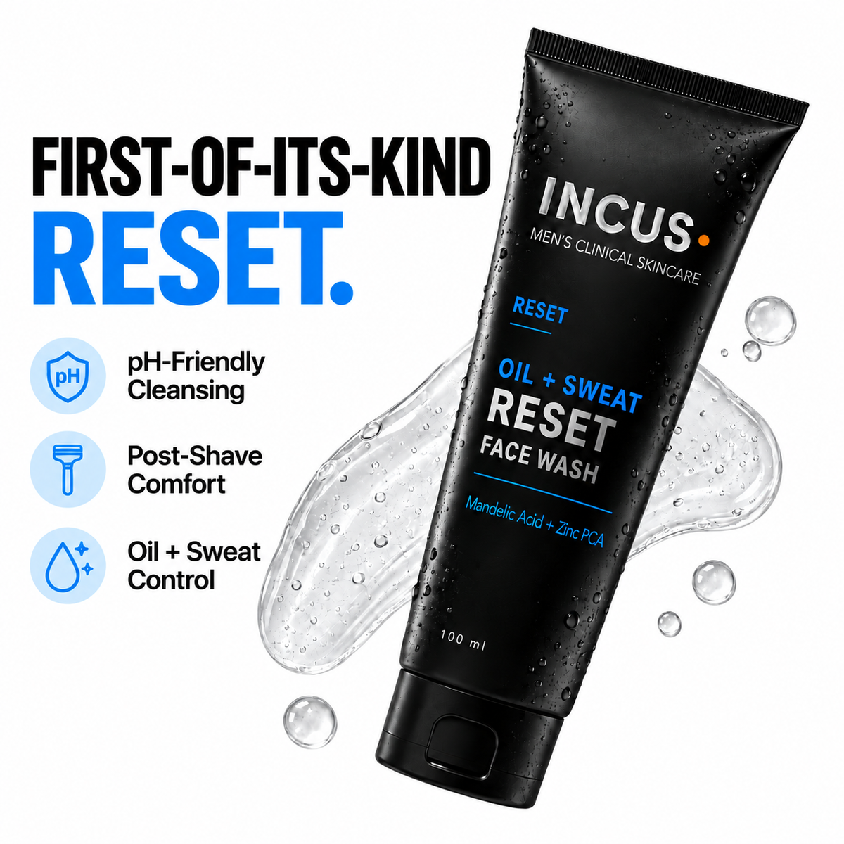INCUS Oil + Sweat Reset Face Wash, 100 ml carton and tube