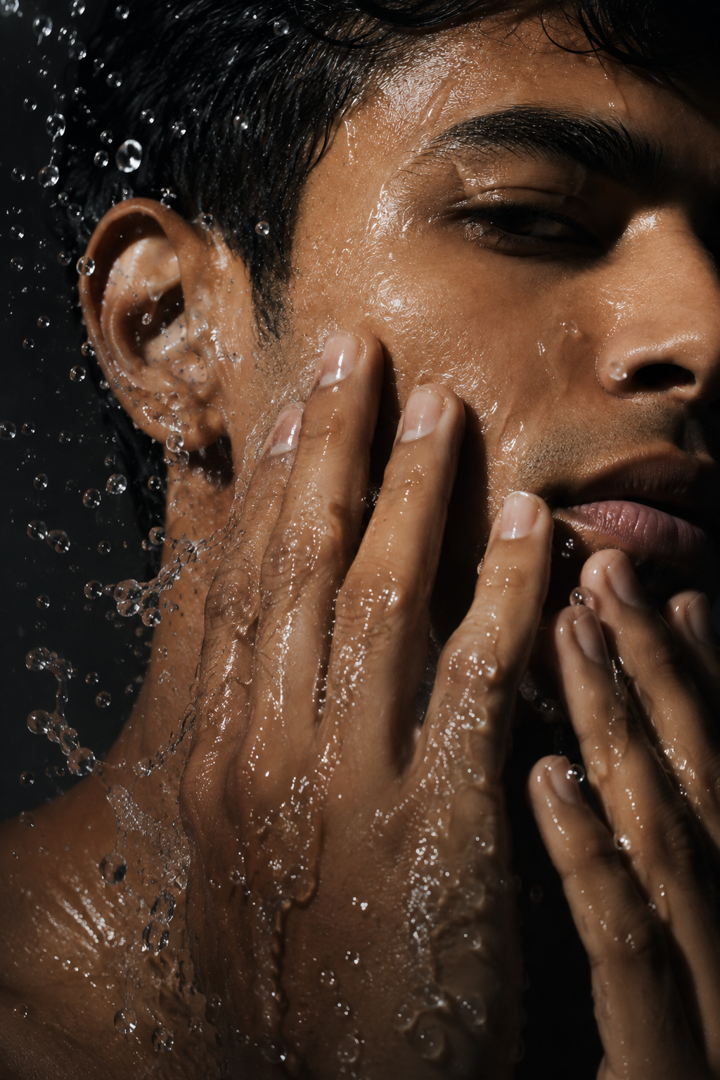 Man rinsing his face, water mid-splash
